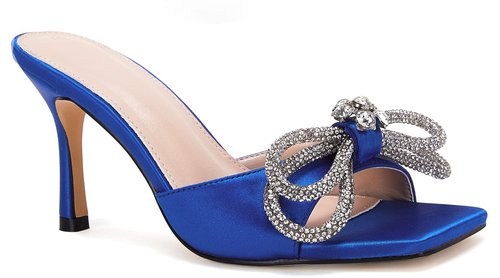 VETASTE Women's Heeled Sandals Square Open Toe Double Bow Satin Mules Heels Wedding Party Slip on Stilettos
