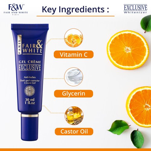 Fair and White Exclusive, Brightening Gel Cream - 30 ml / 1 Fl oz - Deeply Moisturizes, Formulated to Fade Dark Spots with Vitamin C, Glycerin & Castor Oil