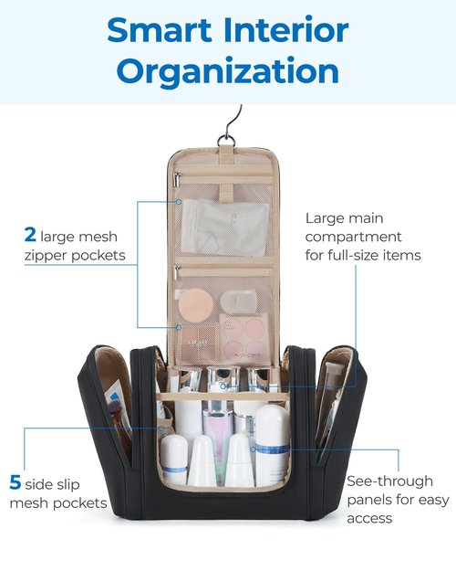 BAGSMART Travel Toiletry Bag for Women, Puffy Hanging Toiletry Bag with Hook, Water-resistant Toiletry Organizer for Full Sized Toiletries, Black