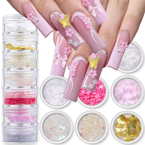 Spring Nail Art, 7Boxes Holographic Flower Nail Charms 3D Pink White Flower Bow Gold Butterfly Nail Art Design Manicure DIY Decoration for Acrylic Nails