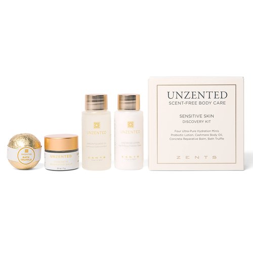 ZENTS Unscented 4-Piece Mini Set | Moisturizing Body Care for Sensitive Skin | Gentle Formula with Probiotic Lotion, Body Oil, Reparative Balm & Truffle Bath Bomb
