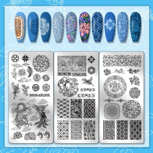 PH PandaHall 3pcs Chinese Porcelain Nail Stamping Plates Dragon Phoenix Patterns Nail Art Templates Pottery Texture Nail Art Stencils Flower Nail Image Plates for Women Nail Design Salon 4.7x2.3 Inch