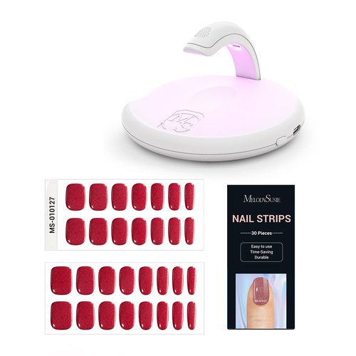 MelodySusie Semi Cured Gel Nail Strips (Red Glitter) Cordless Rechargeable Mini UV LED Nail Lamp, Portable Nail Art Lamp