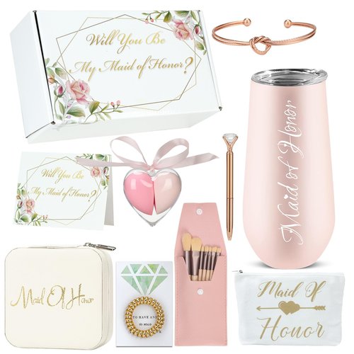 Will You Be My Maid of Honor Gift Box,Maid OF Honor＆Bridesmaids Proposal Gifts Set of 10-Bachelorette&Wedding Party Engraved with "Maid of Honor" 6oz stainless steels Cup,Jewelry box,Makeup Bags,Card