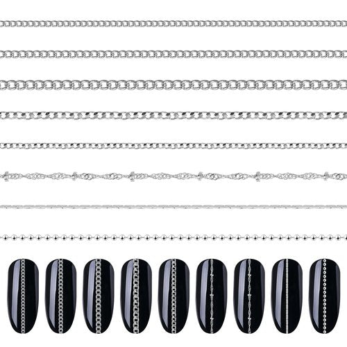 8 Strips Metal Chain Nail Art Charms - Silver Jewelry Chains 3D Decorations Supplies - Punk Studs Accessories for DIY Making Manicure Jewelry (Silver)