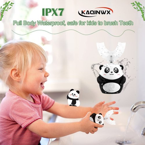 KAQINWX Kids U Shaped Electric Toothbrush for Age 2-12, Rechargeable Toddler Toothbrush with Smart Timer & 3 Clean Modes, Panda Design, IPX7 Waterproof, 3 Brush Heads & 360°Cleaning