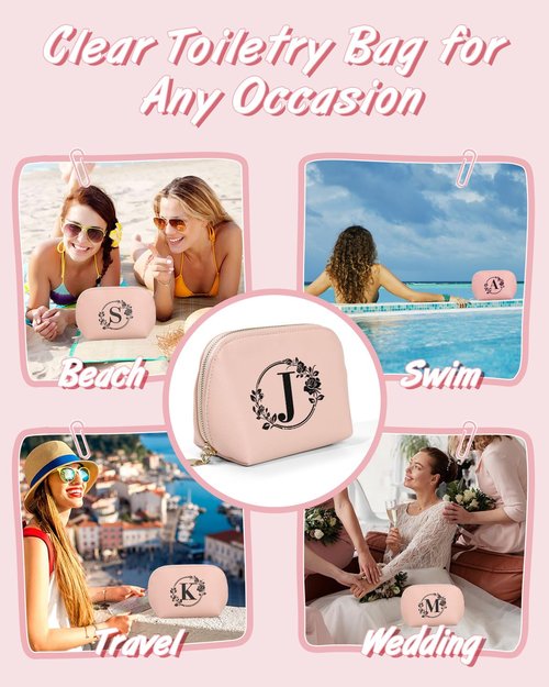 GiftPeak Travel Makeup Bag, Small Capacity Cosmetic Bags for Women Girls, Leather Zipper Waterproof Portable Pouch Open Flat Toiletry Bag, Birthday Gift For Daughter, Preppy Things For Girls (Pink J)