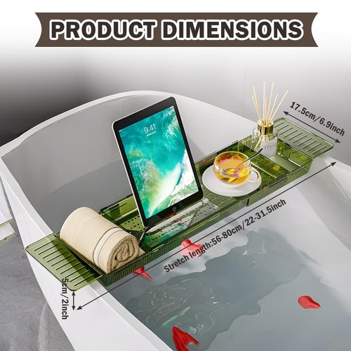 Wshxjzyay Acrylic Bathtub Tray for Large Soaking Tub, Tub Tray for Bathtub Expandable for Women Relaxing with Anti-Slip mat (Green)
