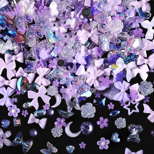 100 Pcs Purple Resin Kawaii Mixed Shape Nail Charms,Cute Bow Flower Bear Heart Nail Design Charms for Nails 3D Bowknot Camellia Moon Nail Charm for Women Nail Art Supplies Nail Accessories Nail Art