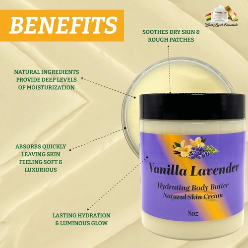 Black Lavish Essentials Ultra-Soft Shea Body Butter, Dry Skin Cream for Radiant Moisturized Skin, Natural Hydrating Body Lotion with Aloe Vera, Argan Oil, Rosehip Oil, (Vanilla Lavender, 8oz)