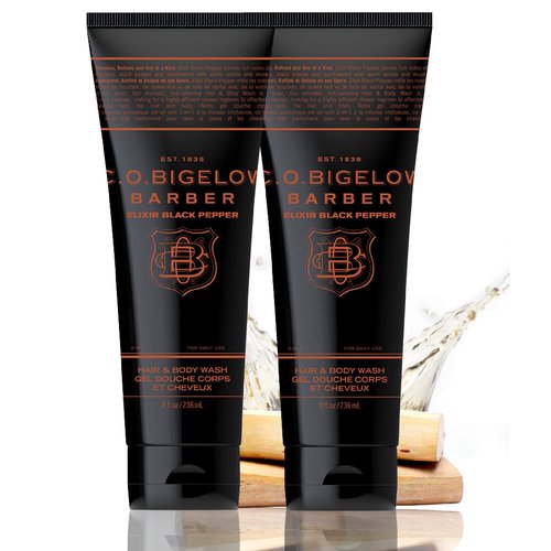 C.O. Bigelow Elixir Black Pepper Hair & Body Wash for Men, Pack of 2 Bourbon & Sandalwood Scented Men's 2 in 1 Shampoo & Body Wash, 8 Fl Oz