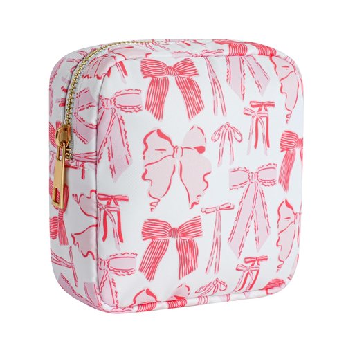 RSRSLEII Small Waterproof Nylon Makeup Bag with Bow Pattern, Aesthetic Cosmetics Pouch and Toiletry Bag for Travel, Cute Makeup Organizer Storage Pouch for Women Girls(04Red Bow)