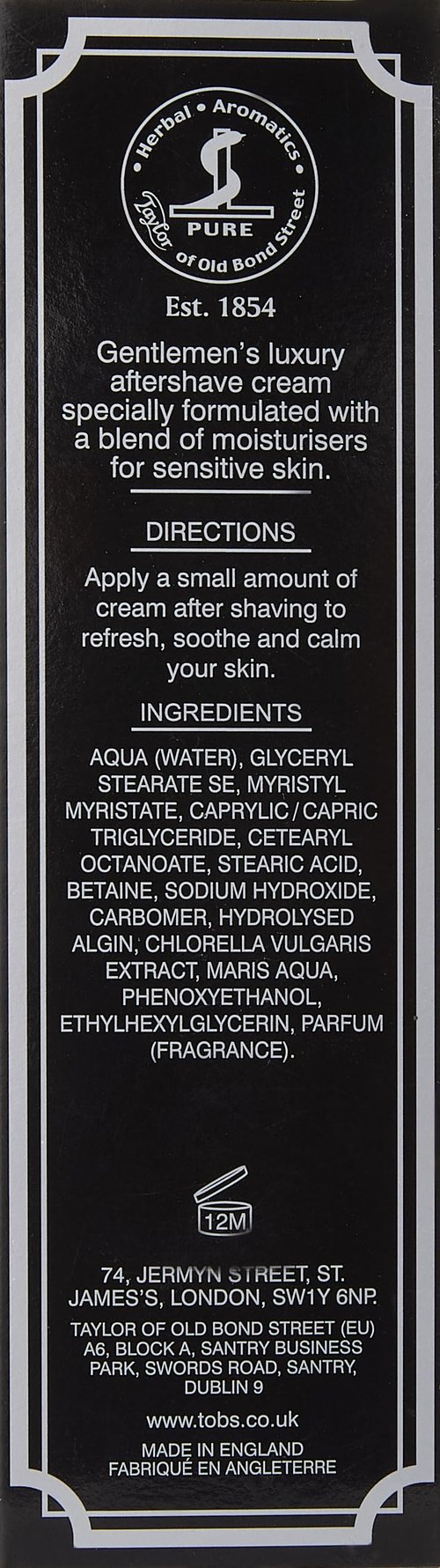 Taylor of Old Bond Street Jermyn Street Luxury Aftershave Cream for Sensitive Skin 75ml, 2.5 Ounce after shave lotion (06020-1)