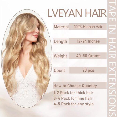 Lveyan 100% Human Hair Tape in Hair Extensions Invisible PU Seamless Skin Weft 16 Inch 50g/pack 20pcs Caramel Blonde Tape in Remy Human Hair Silky Straight Hair Extensions (#27, 16 Inch)