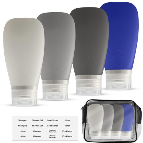 LYOB Travel Bottles for Toiletries, TSA Approved 3oz Leak Proof Silicone Refillable Squeeze Travel Size Containers BPA Free for Cleansers, Lotions, Shampoo, Conditioner 4pk With Bag(W,G,Blk,Bl)