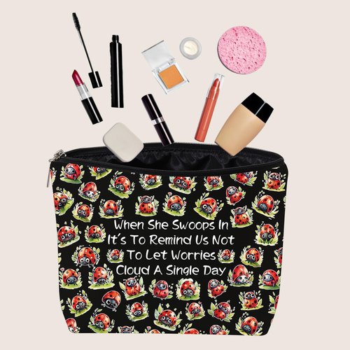 JXGZSO Good Luck Ladybug Makeup Bag With Zipper Gifts For Women When She Swoops In It's To Remind Us Not To Let Worries Cloud A Single Day Cosmetic Bag (Ladybug Bag Black)