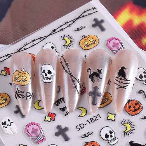 4 Sheets Halloween Nail Stickers 5D Embossed Star Moon Ghost Self-Adhesive Nail Decals Cute Nail Art Sticker Halloween Nail Art Supplies for Women Girls DIY Manicure Accessories