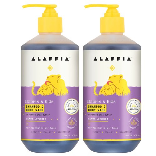 AAlaffia Babies and Kids Shampoo and Body Wash, Gentle and Calming Support for Soft Hair and Skin with Shea Butter, Neem, and Coconut Oil, Fair Trade, Lemon Lavender 2 Pack – 16 Fl Oz Ea