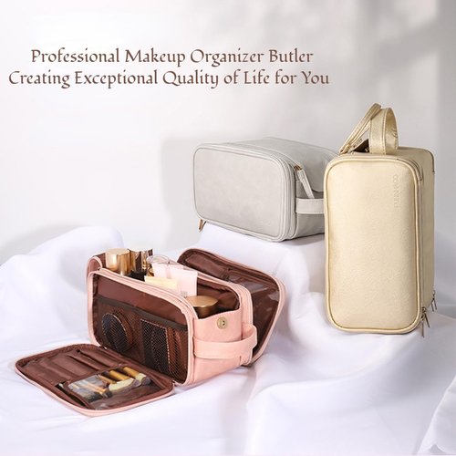 LANTIM Makeup Travel Bag Cosmetic Bag, Toiletry Bag for Women Large Capacity PU Leather Make Up Organizer Dorm Room Essentials (Pink)