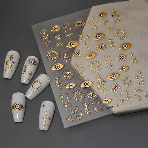 Gold Evil Eye Nail Art Stickers 3D Gold Nail Stickers Star Snake Nail Decals Gold Stickers for Nails Designs Self-Adhesive Nail Art Supplies for Women Girls DIY Manicure 1 Sheets