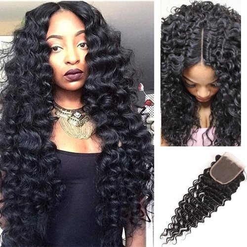 Deep Wave Closure Size 4"x4" 150% Unprocessed Brazilian Virgin Human Hair Bleached Knots Free Part Top Front Lace Closure Naturl Black Soft and Smooth (2102-DEEP-20B-4X4)
