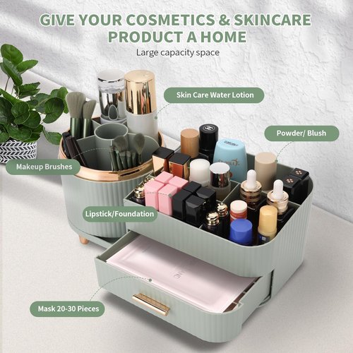 Molutsody Makeup Organizer for Vanity, Cosmetic Display Case with Drawers, Fits Makeup, Skincare Products, Brushes, Lipsticks, and Other Accessories, Versatile Storage Solution (Green)