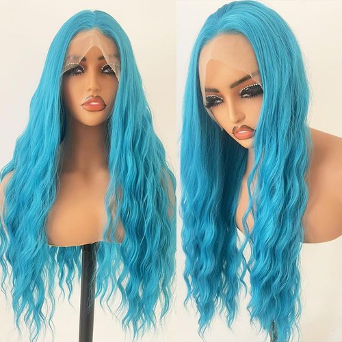 JHXAYW Glueless Blue Wavy 13×4 Lace Front Wig Synthetic Wig Heat Resistant Fiber Hair Pre Plucked Natural Hairline Curly Wig for Cosplay