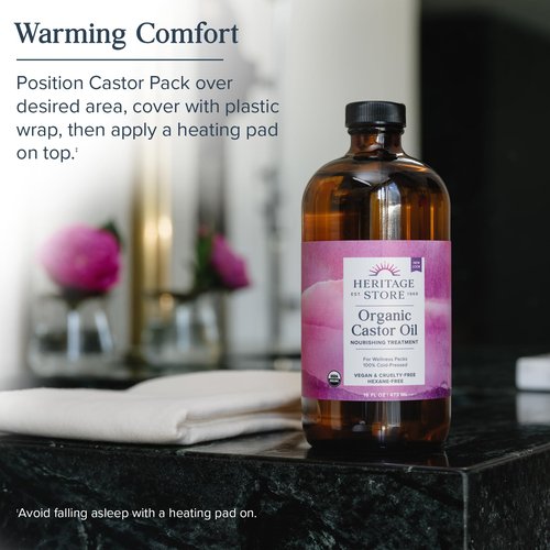 HERITAGE STORE Organic Castor Oil Pack Wrap Kit - Soothing Castor Oil Packs, Heat Compress for Abdomen, Joints, Overall Health - 16oz Cold Pressed Organic Castor Oil and 12 x 27 in. Wool Flannel Cloth