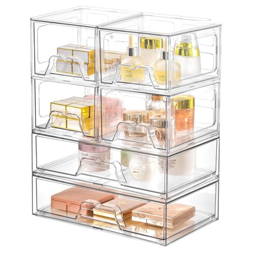 KOKOIN Stackable Makeup Organizer Storage Drawers Set of 6, Clear Plastic Organizer Bins for Beauty Supplies,Ideal for Vanity, Bathroom,Cabinet,Pantry Organization (2Long 4 Short)