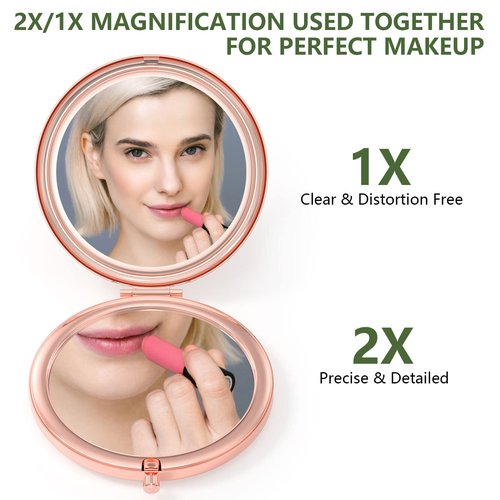 Nipichsha Compact Mirror, Pocket Travel Makeup Mirror, 2 - Sided 2X / 1X Magnification, Small Folding Portable Handheld, 2.75 in Rose Gold, Happy Cats