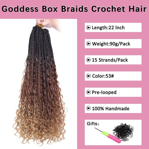 COOKOO 22 Inch Goddess Box Braids Crochet Hair for Women 8 Packs Synthetic Hippie Pre Looped Bohemian Boho Box Braids With Curly Ends Twist Braiding Hair 53#