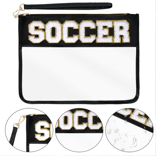 Hmxpls Chenille Letter Bag, Clear Nylon Cosmetic Makeup Bag with Zipper, Varsity Preppy Patch Flat Travel Pouch for Women Girls Gift (Black-SOCCER)