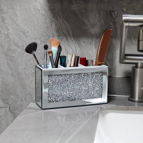 SWTHONY Silver Makeup Brush Holder Organizer, Bling 3 Slot Crushed Diamond Crystal Mirrored Cosmetic Brushes Storage, Eyeliners Eyebrow Pencil Display Case