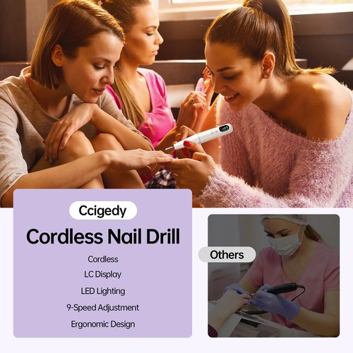Electric Nail Drill Kit Professional - 9 Speed Cordless Electric Nail File with LED Display, Portable Nail Drill Machine for Acrylic Gel Nails, Hand Feet Trimmer Buffer Tool for Women Men Baby White
