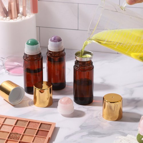 RAMFIYN 2 pack Large Amber Glass Roll on Bottles for Essential Oils Perfume Refillable Roller Ball Applicator Empty Deodorant Containers with Purple Crystal Rollerball
