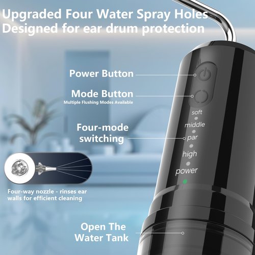 Kliburu Ear Wax Removal Kit, Electric Ear Cleaning Kit with 4 Pressure Modes, Portable Water Powered Ear Cleaner with Basin and 5 Nozzles, 4 Directional Ear Irrigation System for Adults and Kids