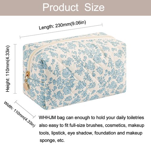 WHHJM Cute Floral Makeup Bag Small Cotton Quilted Cosmetic Bag, Aesthetic Essential Bag Emergency Bag Gift for Women Girls Travel Accessories (Blue Floral)