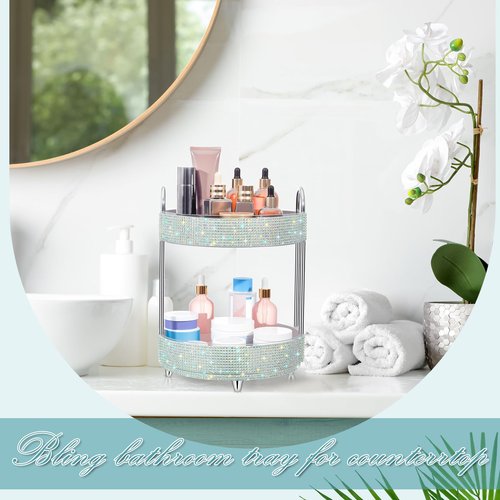 Honeydak 360 Rotating Perfume Organizer Rhinestone Bathroom Counter Organizer Makeup Holder with 2 Tiers Skincare and Perfume Storage, Large Capacity Vanity Storage for Cosmetic Countertop Decor