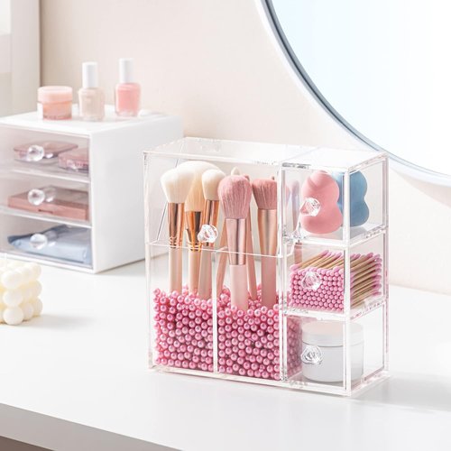 HBlife Makeup Brush Holder, Acrylic Makeup Organizer with 2 Brush Holders and 3 Drawers Dustproof Box, Free Pink Pearl Included