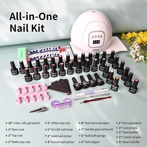JODSONE 32 Colors Jelly Gel Nail Polish Kit with U V Light Crystal Transparent Classic Color 4 Functional Gel for All Seasons