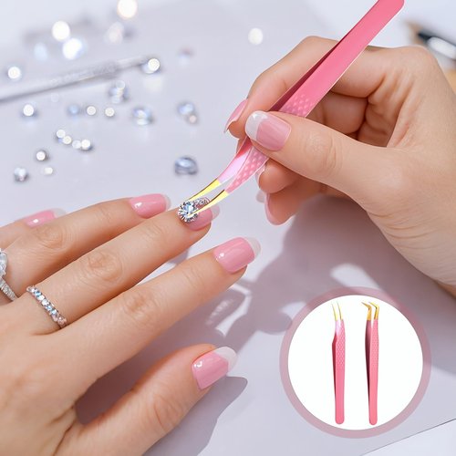TIESOME Lash Tweezers for Eyelash Extensions, 2 PCS Pink Stainless Steel Eyelash Tweezers Set Premium Curved Tip Precision Lash Tweezer Professional False Eyelashes Application Tools
