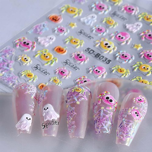 4 Sheets Halloween Nail Stickers 5D Embossed Star Moon Ghost Self-Adhesive Nail Decals Cute Nail Art Sticker Halloween Nail Art Supplies for Women Girls DIY Manicure Accessories