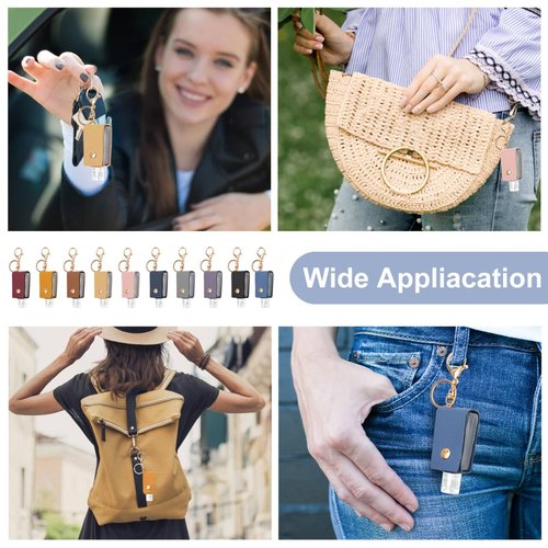LIOUCBD 10PCS Hand Sanitizer Holders, 30ML Leather Keychain Holder Bottles Cases, Travel Size Empty Squeeze Bottle for Toiletry Shampoo Lotion Soap