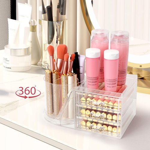 AUOIKK Clear Makeup Organizer with 9 Drawers & Rotating Brush Holder - Large Capacity Cosmetic Display Cases Storage for Vanity, Countertop, Bathroom, Lipstick and Skincare Organization