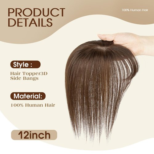 12 Inches 100% Human Hair Toppers for Women Pure White Hair Topper, Clip-In Hair Pieces for Thin Hair, Adds Volume,360°3D Covers Bald Spots（12#1001）