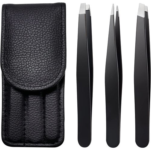 TOPMEET Eyebrow Tweezers Set,Stainless Steel Precision Remover Kit for Facial Hair, Inward Growing Hair and Splinter,Suitable for Women, Men (Black)