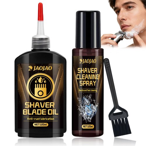 JAOJAO Shaver Cleaning Solution, Electric Shaver Oil Lubricant Electric Razor Cleaning Solution with Brush Deep Cleans and Lubricates Extends Razor Life Universally Compatible for Clipper Blades
