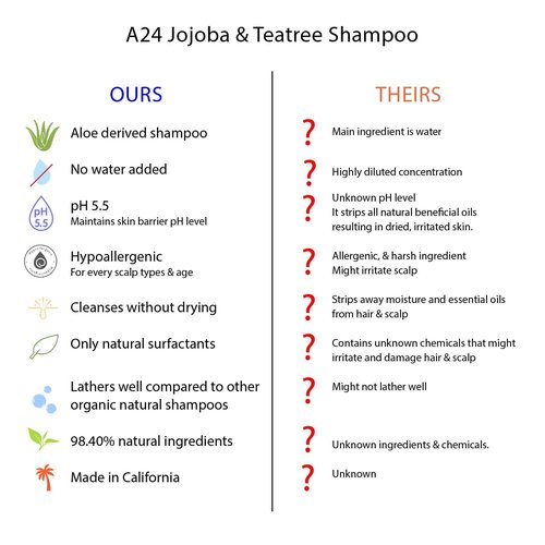 A24 Organic Jojoba & Tea tree Shampoo | Cold Pressed Aloe Vera Juice Shampoo, No Water Added | All Hair Type | Red Scalp Control | Natural Surfactants