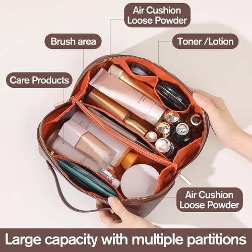 Cuteseason Makeup Bag, Travel Toiletry Bag for Women, Large Capacity Waterproof PU Leather Cosmetic Bags Make Up Organizer Bags with Headband and Wristband Set (Brown, Lychee Pattern)