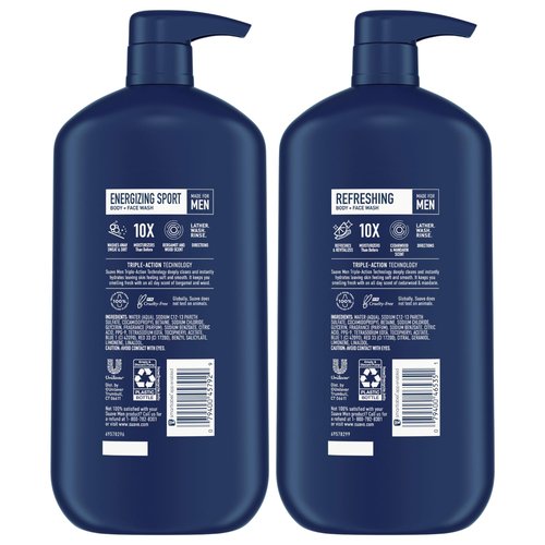 Suave Men Body + Face Wash Bundle – Energizing Sport (Beragmot & Wood) 2-Pack + Refreshing (Cedarwood & Mandarin), 30 Oz Ea